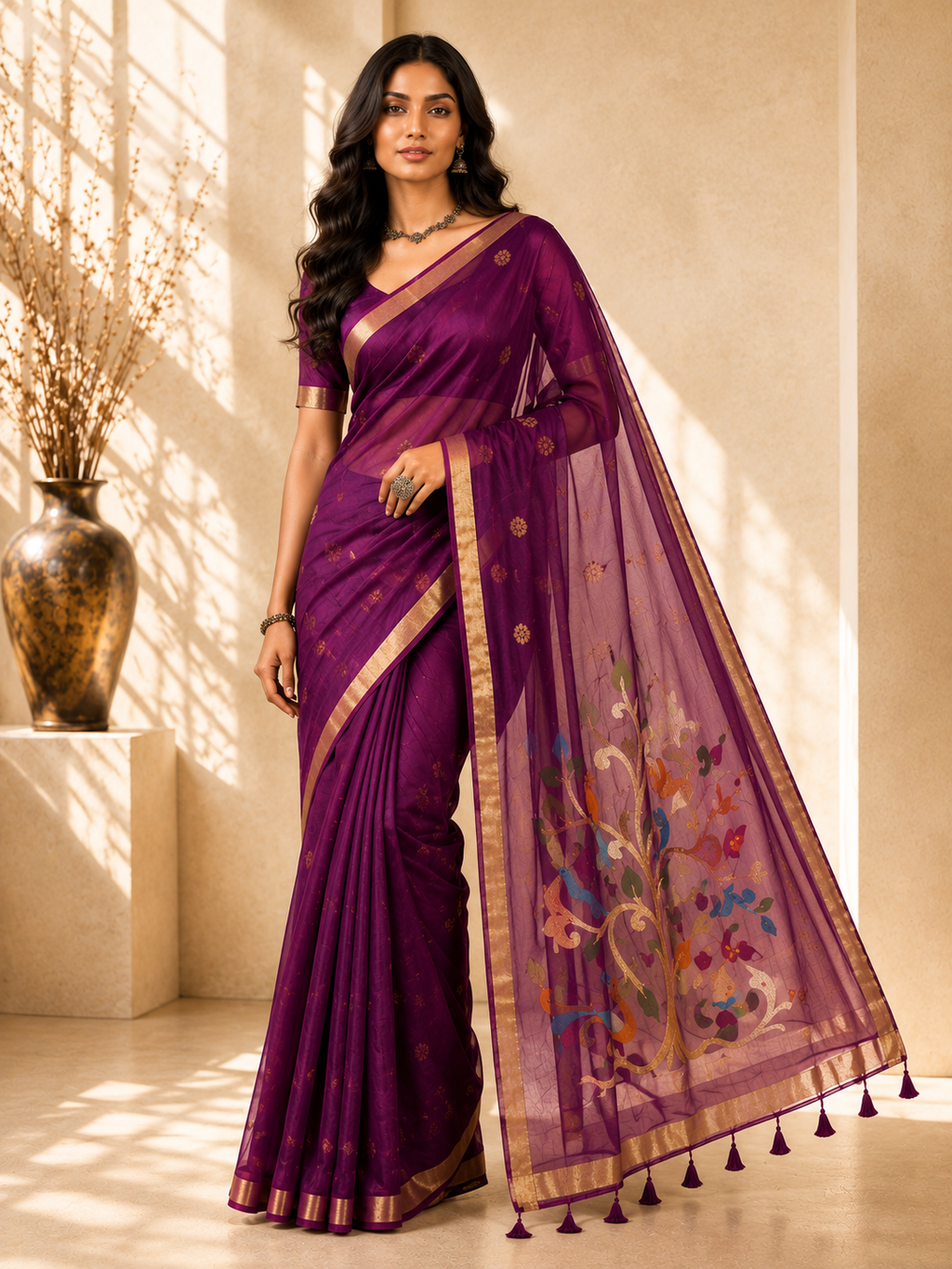 Chanderi Saree with Organza Pallu