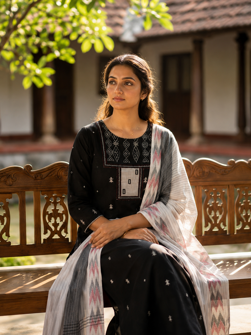 Black Embroidred Kurta & Pants with Ikat Patterned Dupatta