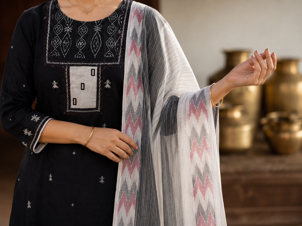 Black Embroidred Kurta & Pants with Ikat Patterned Dupatta