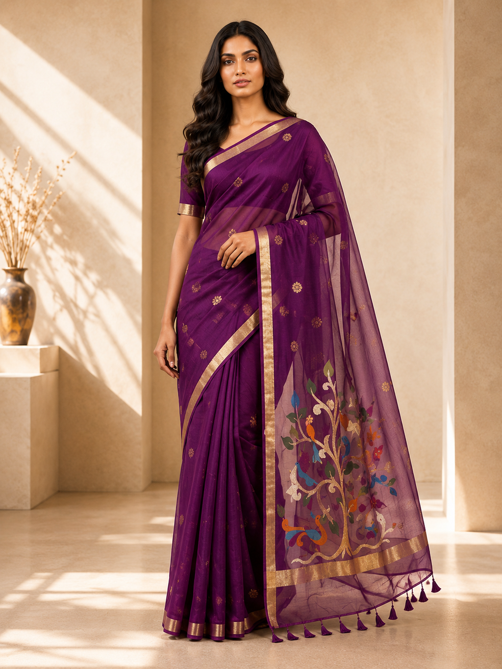 Chanderi Saree with Organza Pallu