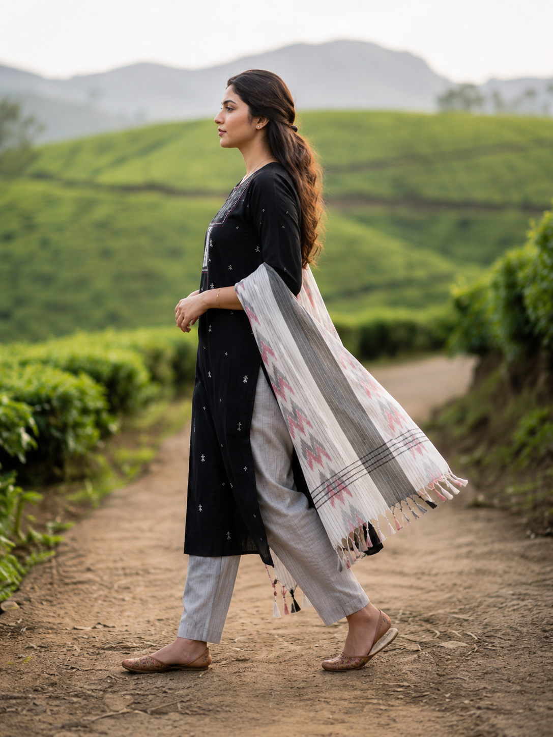 Black Embroidred Kurta & Pants with Ikat Patterned Dupatta
