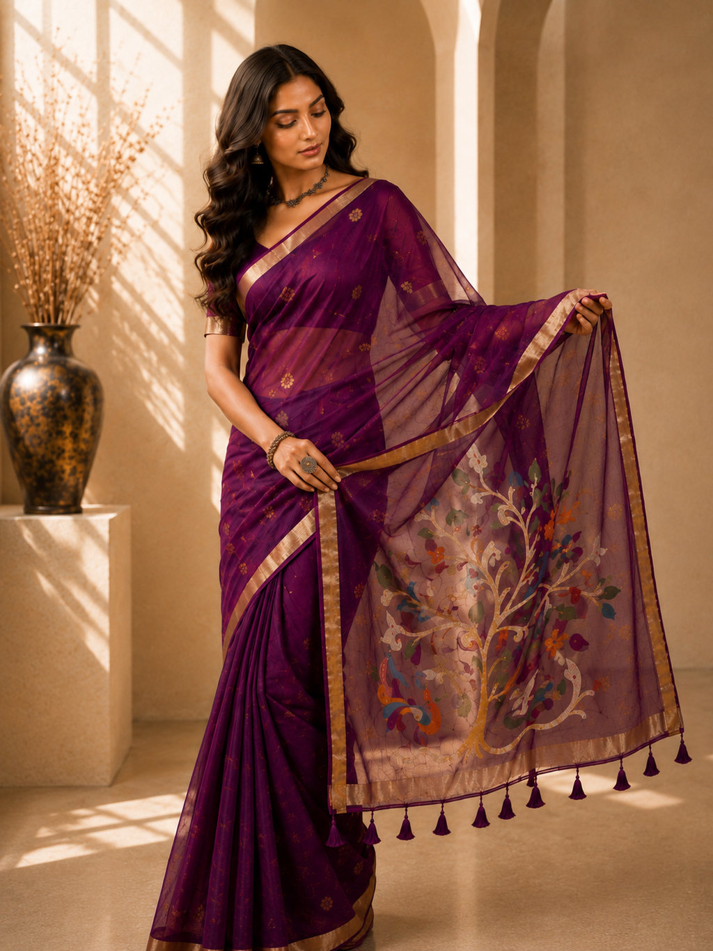 Chanderi Saree with Organza Pallu