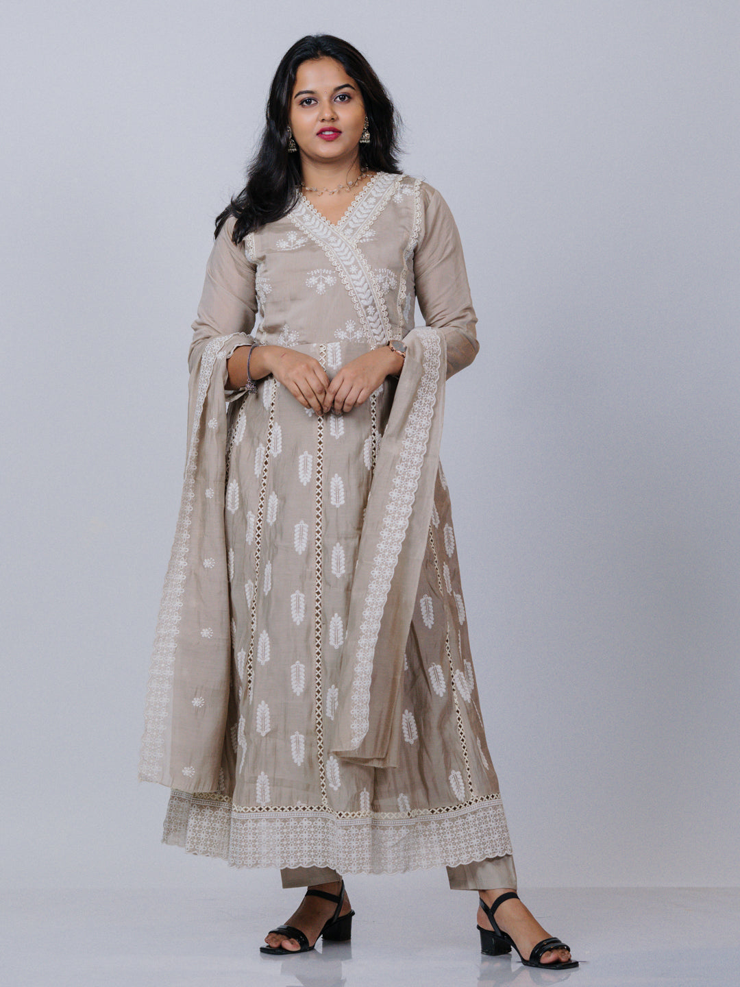 Beige Mul Chanderi Chikankari Suit