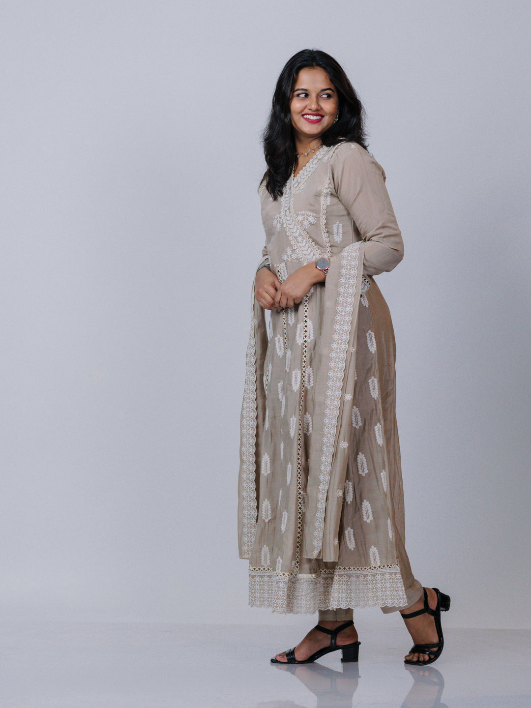 Beige Mul Chanderi Chikankari Suit