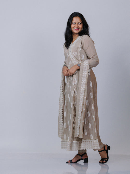 Beige Mul Chanderi Chikankari Suit