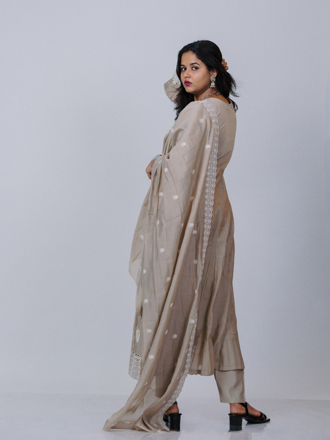 Beige Mul Chanderi Chikankari Suit