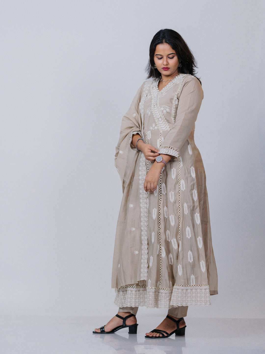 Beige Mul Chanderi Chikankari Suit