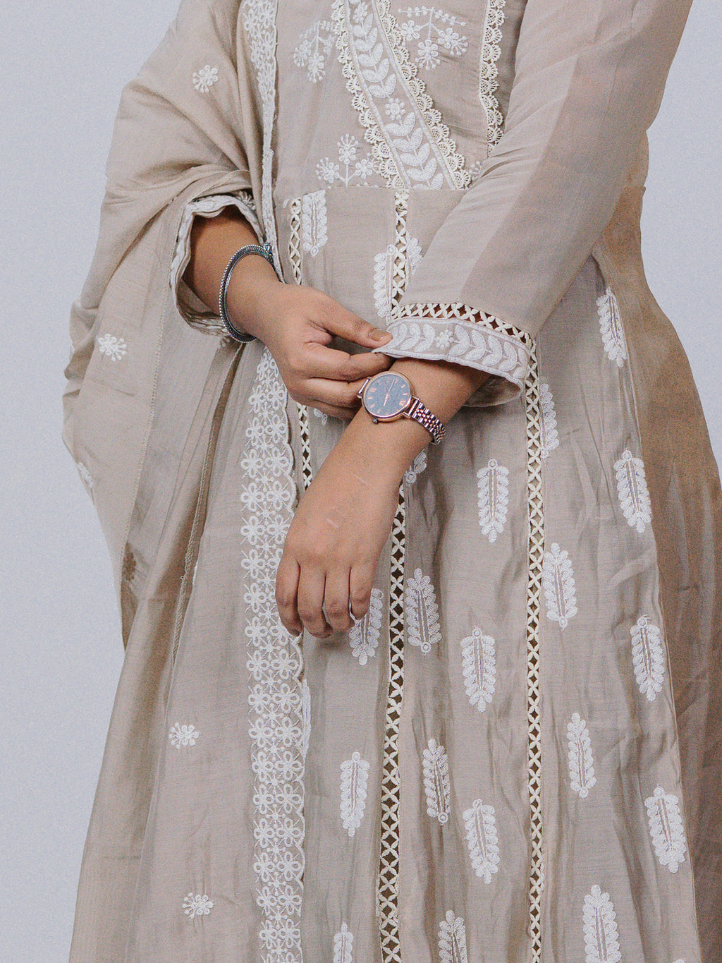 Beige Mul Chanderi Chikankari Suit