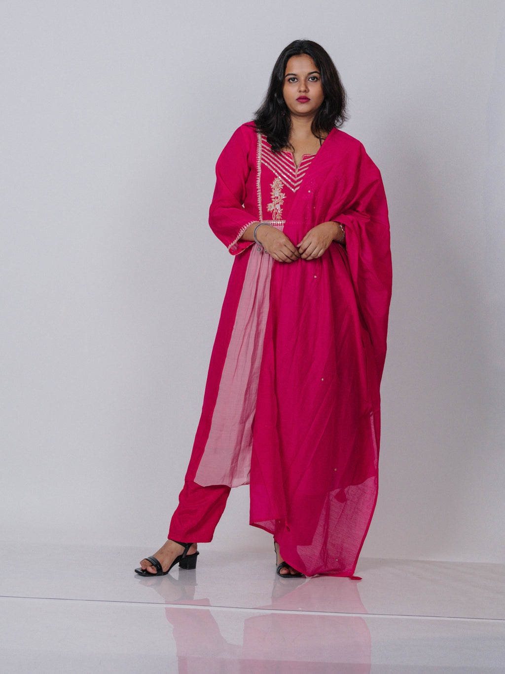 Mul Chanderi Embroidered Suit Set