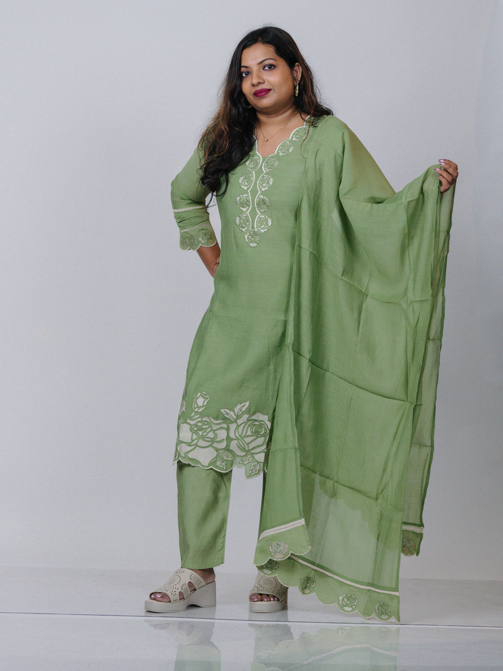 Sage Green Mul Chanderi Suit Set