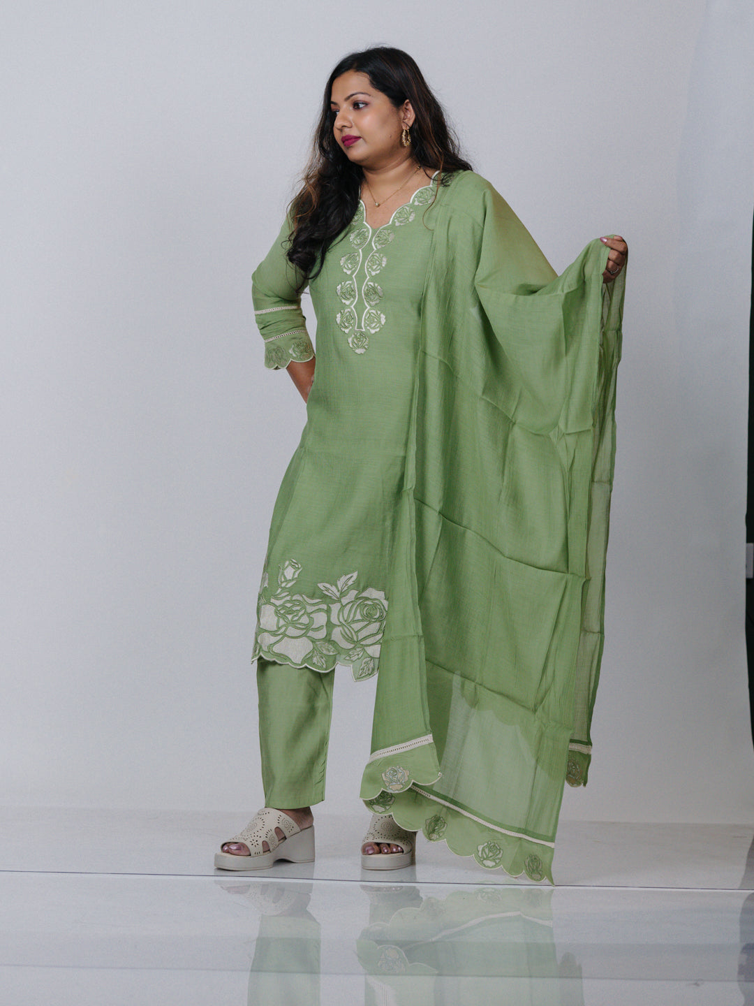Sage Green Mul Chanderi Suit Set