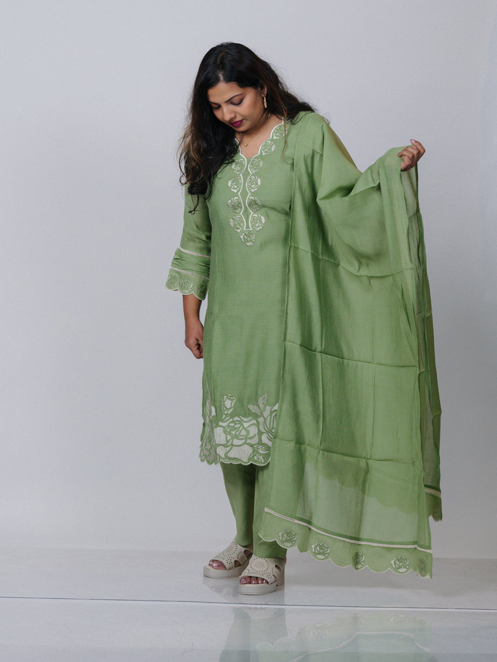 Sage Green Mul Chanderi Suit Set
