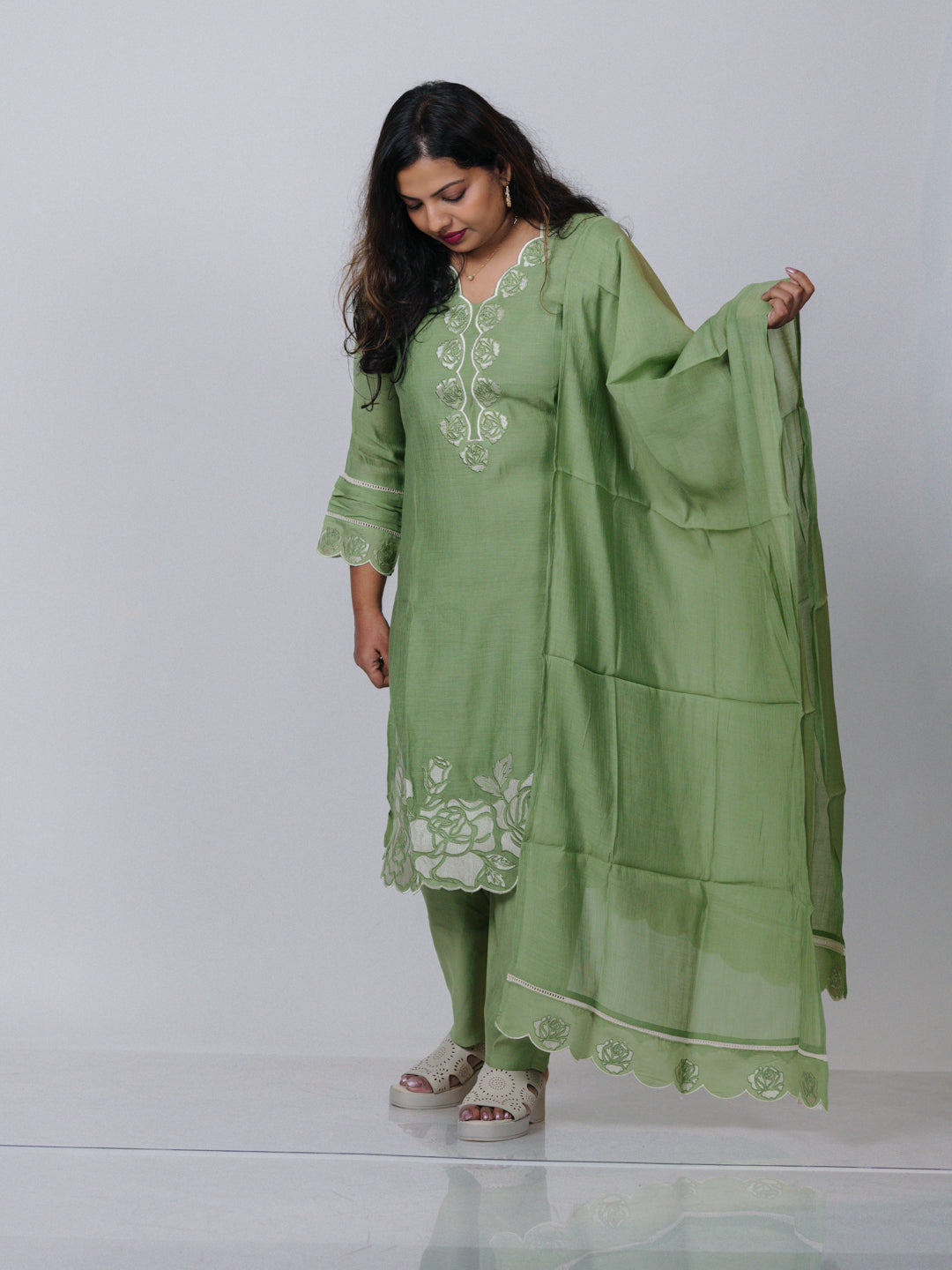 Sage Green Mul Chanderi Suit Set
