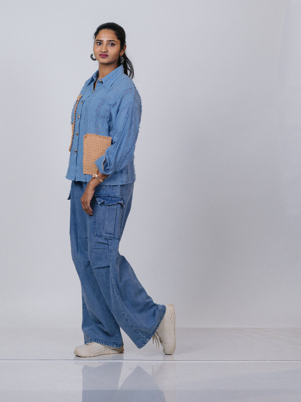Sky Blue Textured Patchwork Shirt
