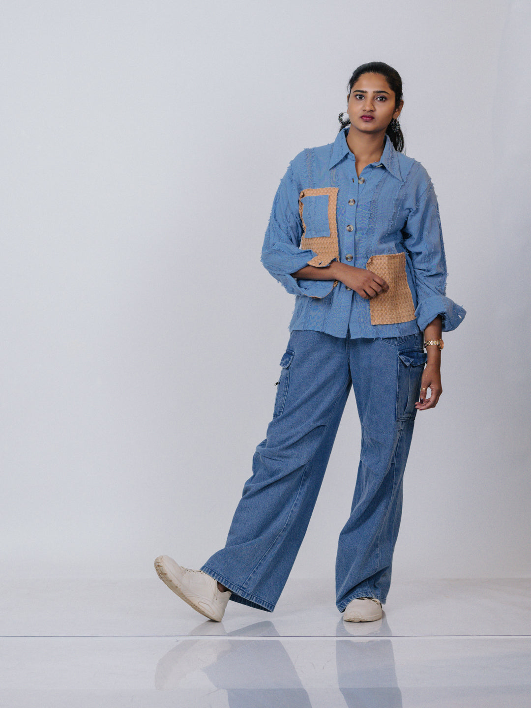 Sky Blue Textured Patchwork Shirt