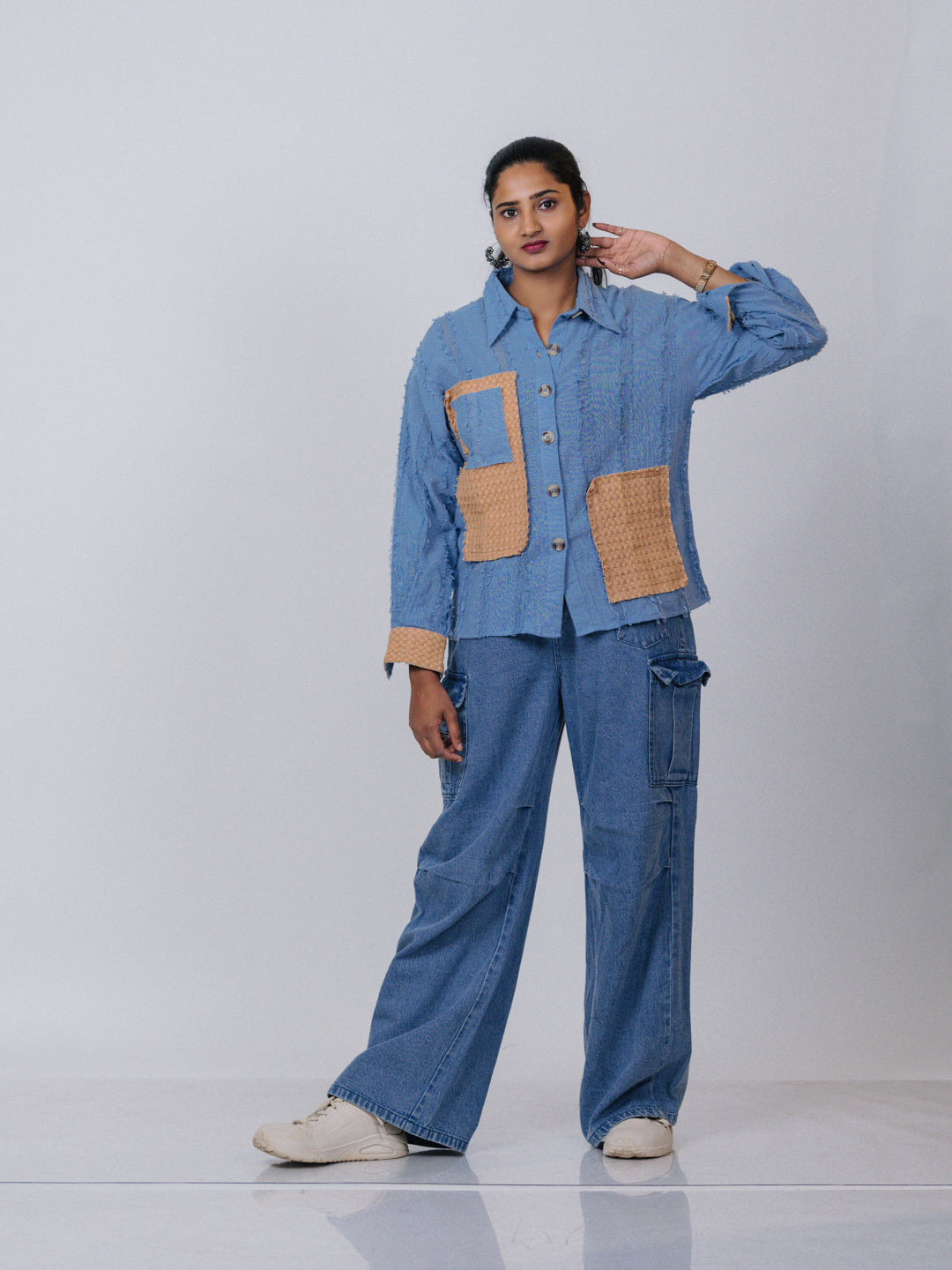 Sky Blue Textured Patchwork Shirt