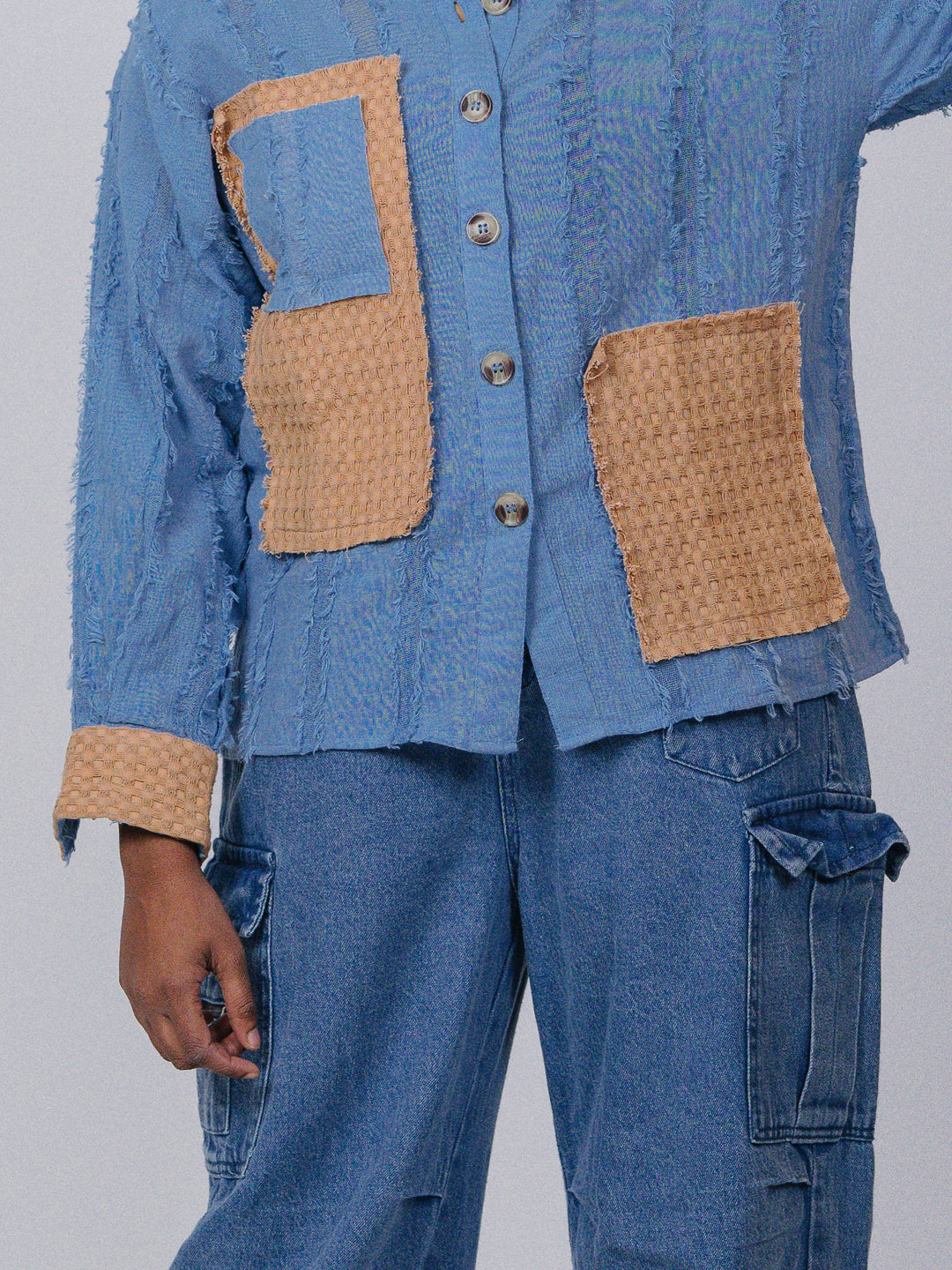Sky Blue Textured Patchwork Shirt