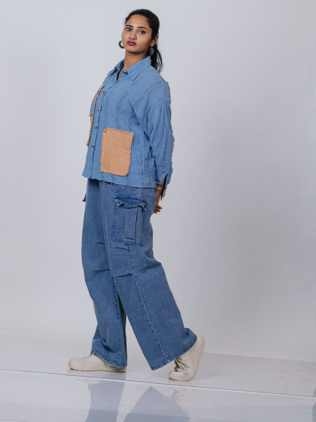 Sky Blue Textured Patchwork Shirt