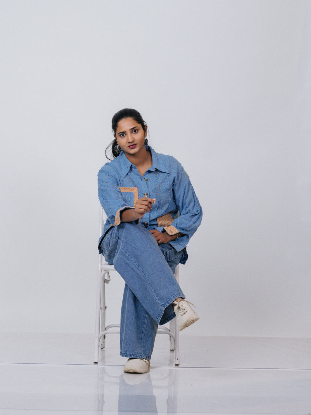 Sky Blue Textured Patchwork Shirt