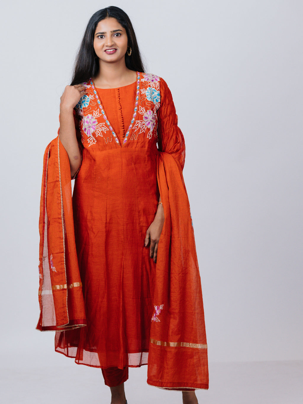 Rust Orange Mul Chanderi Anarkali Suit Set
