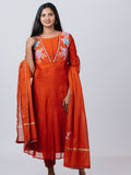 Rust Orange Mul Chanderi Anarkali Suit Set