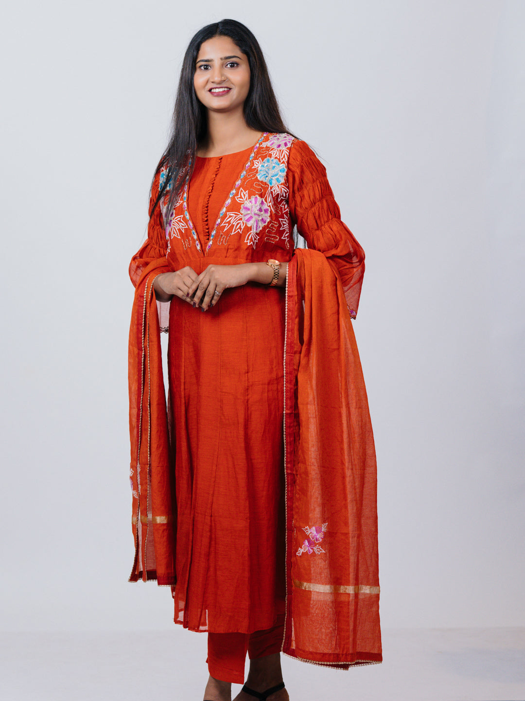 Rust Orange Mul Chanderi Anarkali Suit Set
