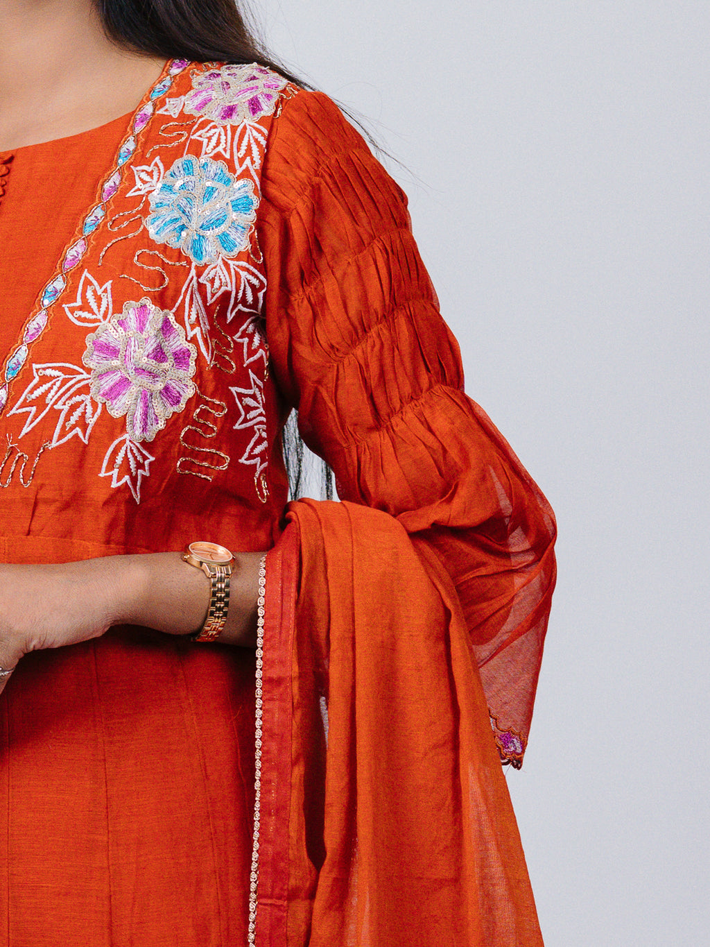 Rust Orange Mul Chanderi Anarkali Suit Set