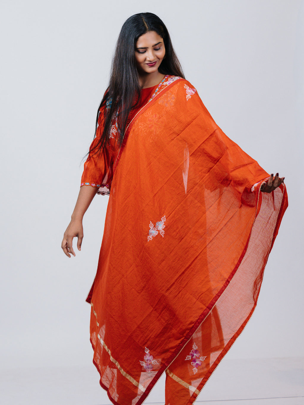 Rust Orange Mul Chanderi Anarkali Suit Set