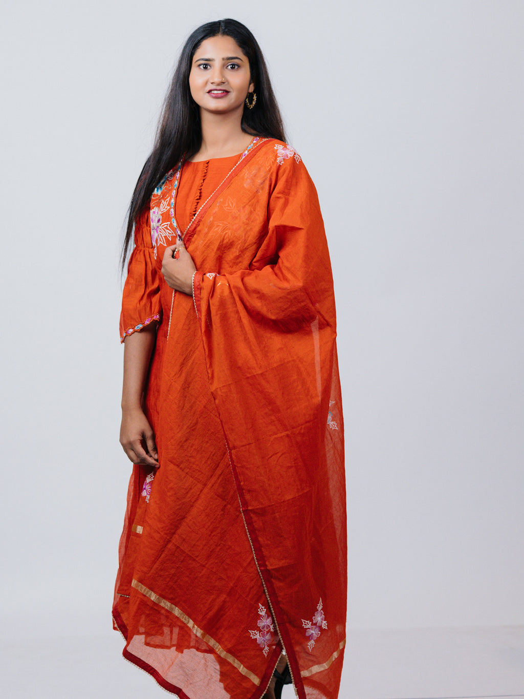 Rust Orange Mul Chanderi Anarkali Suit Set
