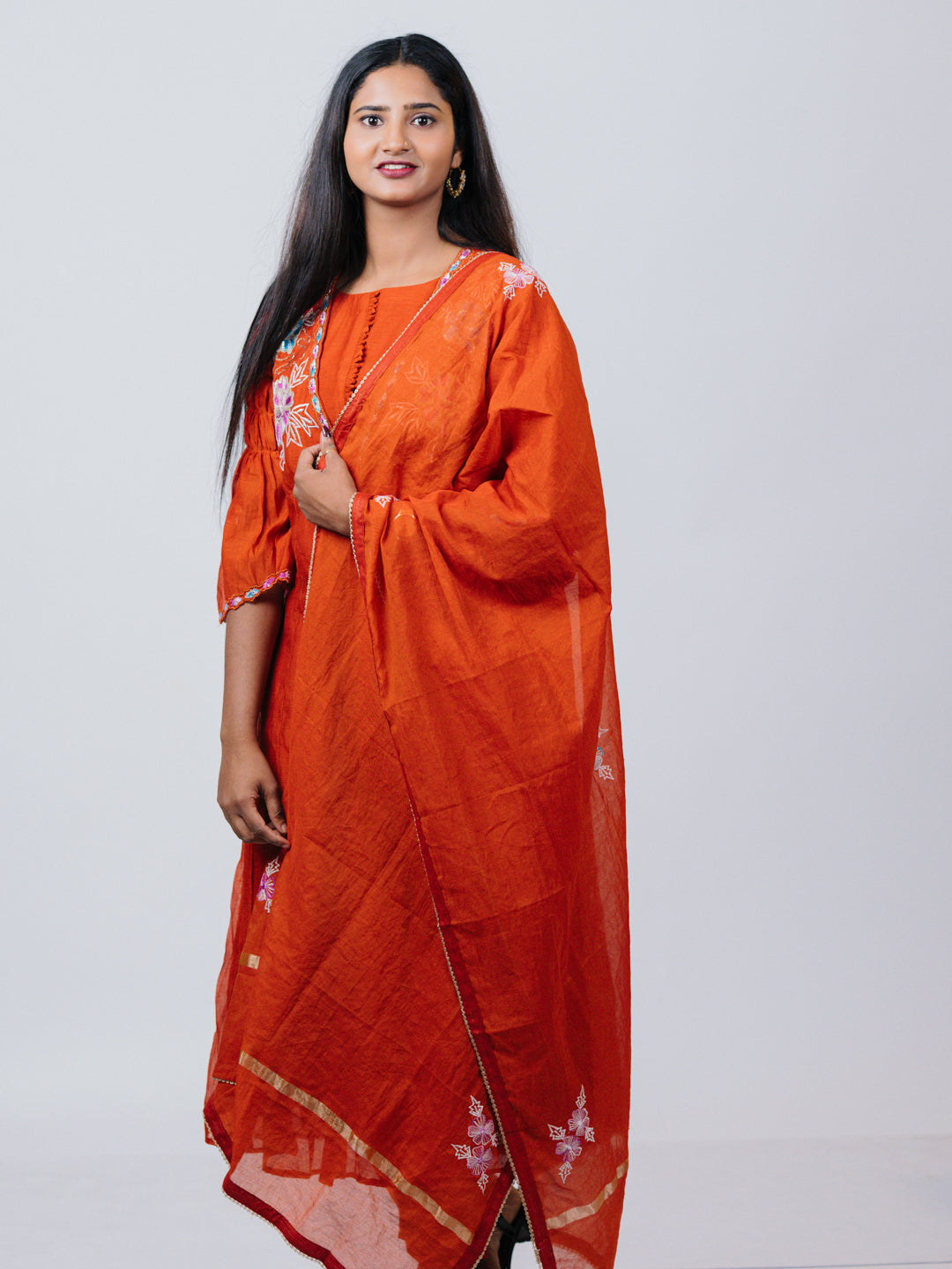 Rust Orange Mul Chanderi Anarkali Suit Set