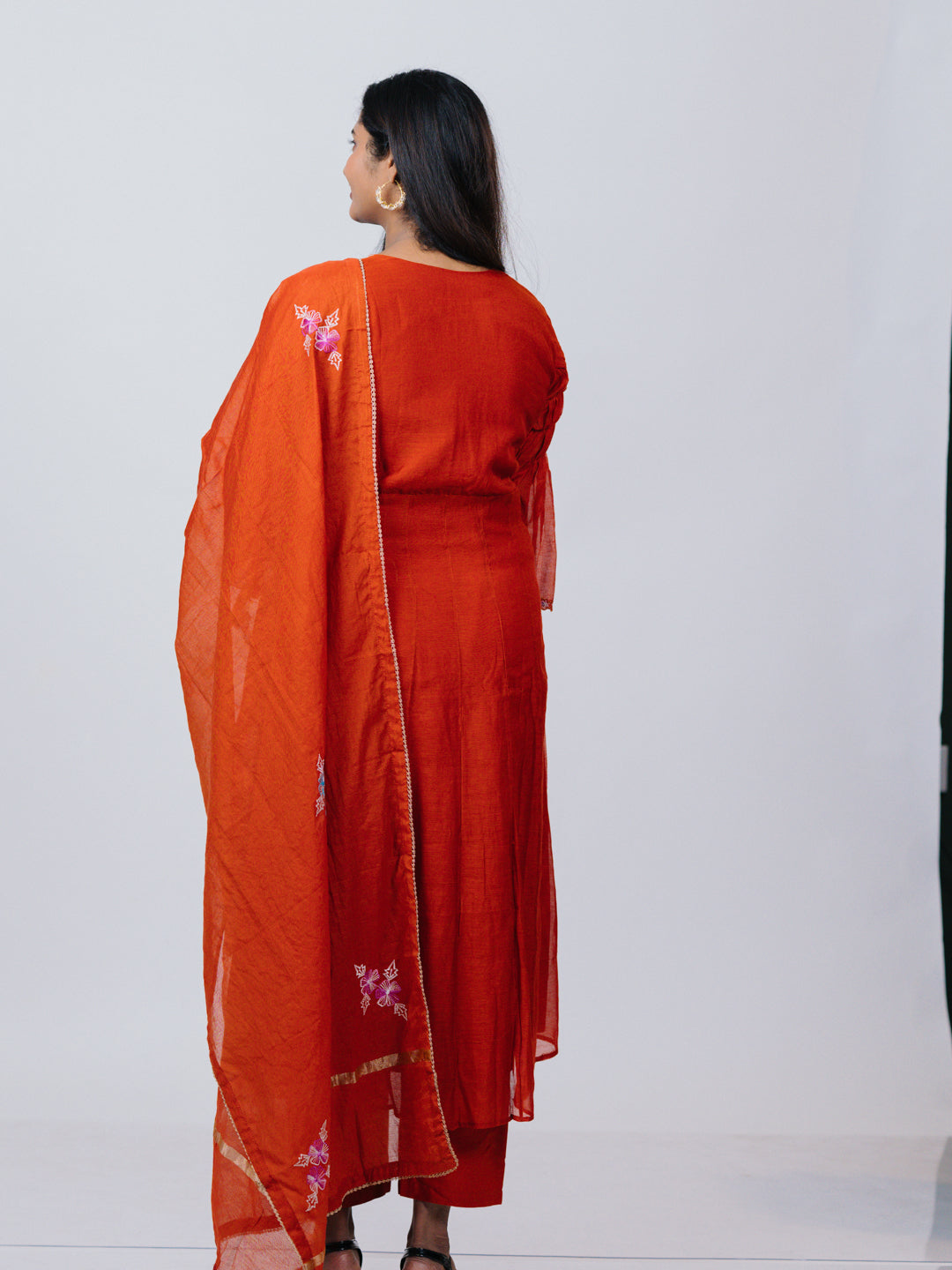 Rust Orange Mul Chanderi Anarkali Suit Set