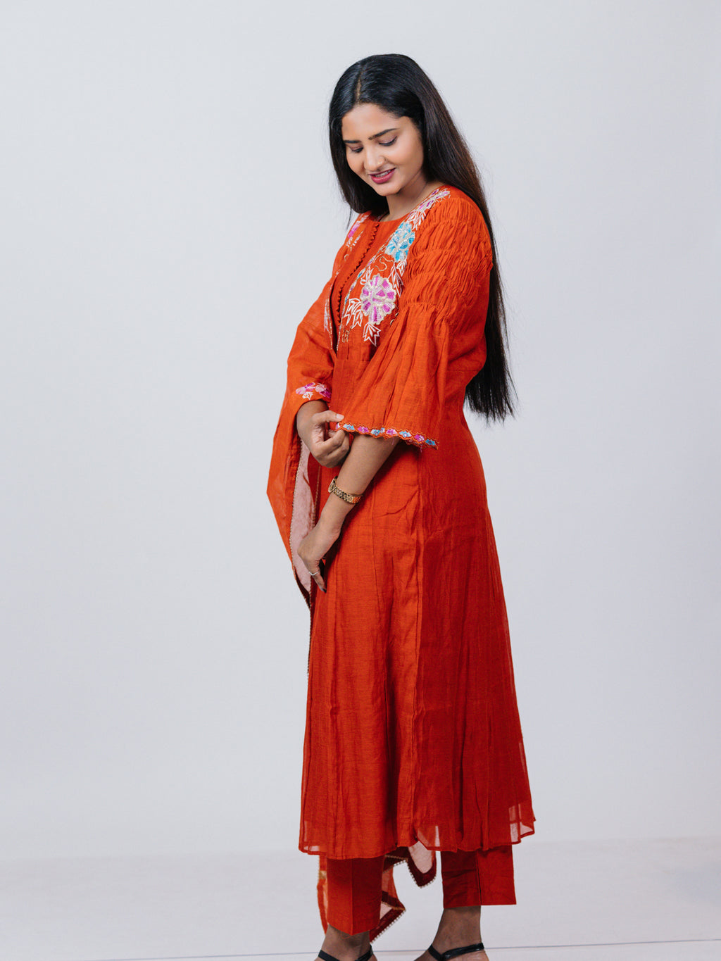 Rust Orange Mul Chanderi Anarkali Suit Set