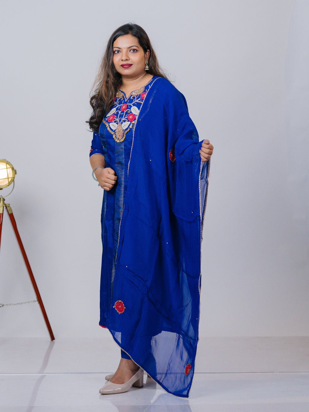 Royal Blue Embroidered Russian Silk Suit Set