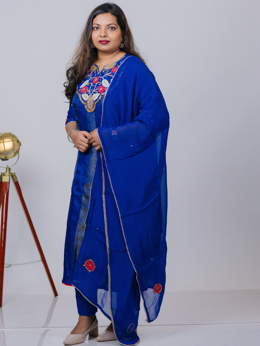 Royal Blue Embroidered Russian Silk Suit Set
