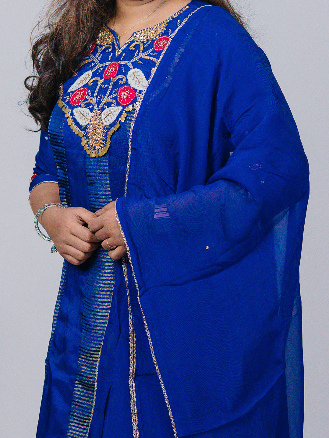 Royal Blue Embroidered Russian Silk Suit Set
