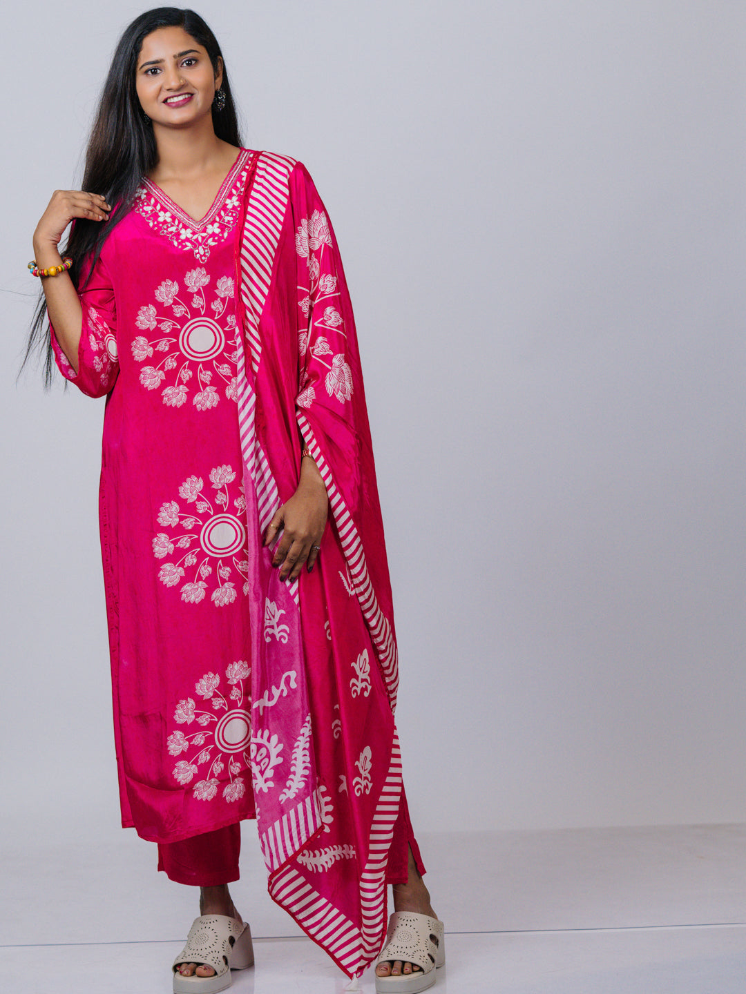 Raspberry Pink Printed Crepe Silk Suit Set