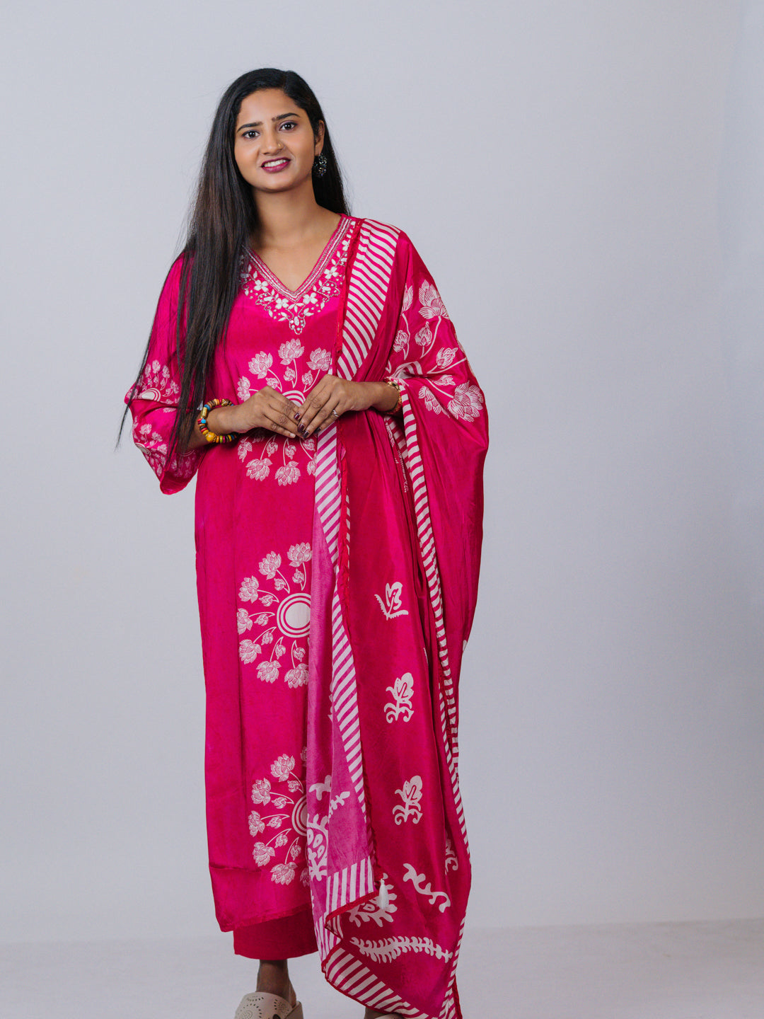 Raspberry Pink Printed Crepe Silk Suit Set