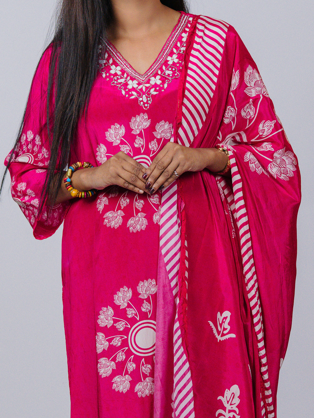 Raspberry Pink Printed Crepe Silk Suit Set