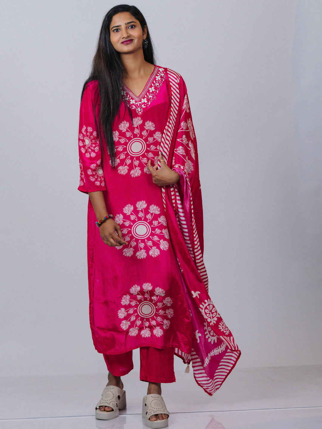 Raspberry Pink Printed Crepe Silk Suit Set