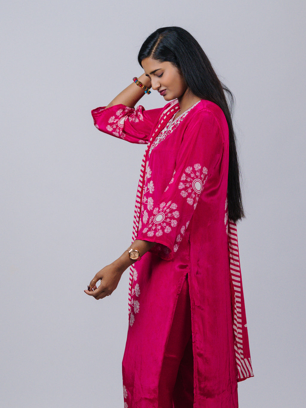 Raspberry Pink Printed Crepe Silk Suit Set