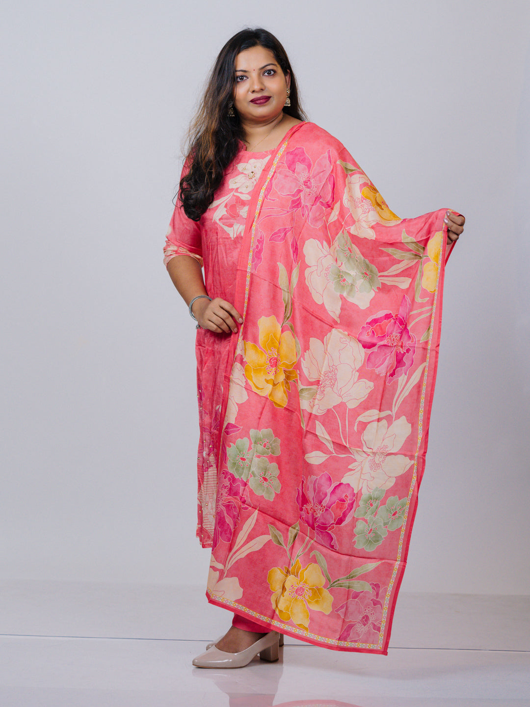 Coral Pink Muslin Floral Suit Set