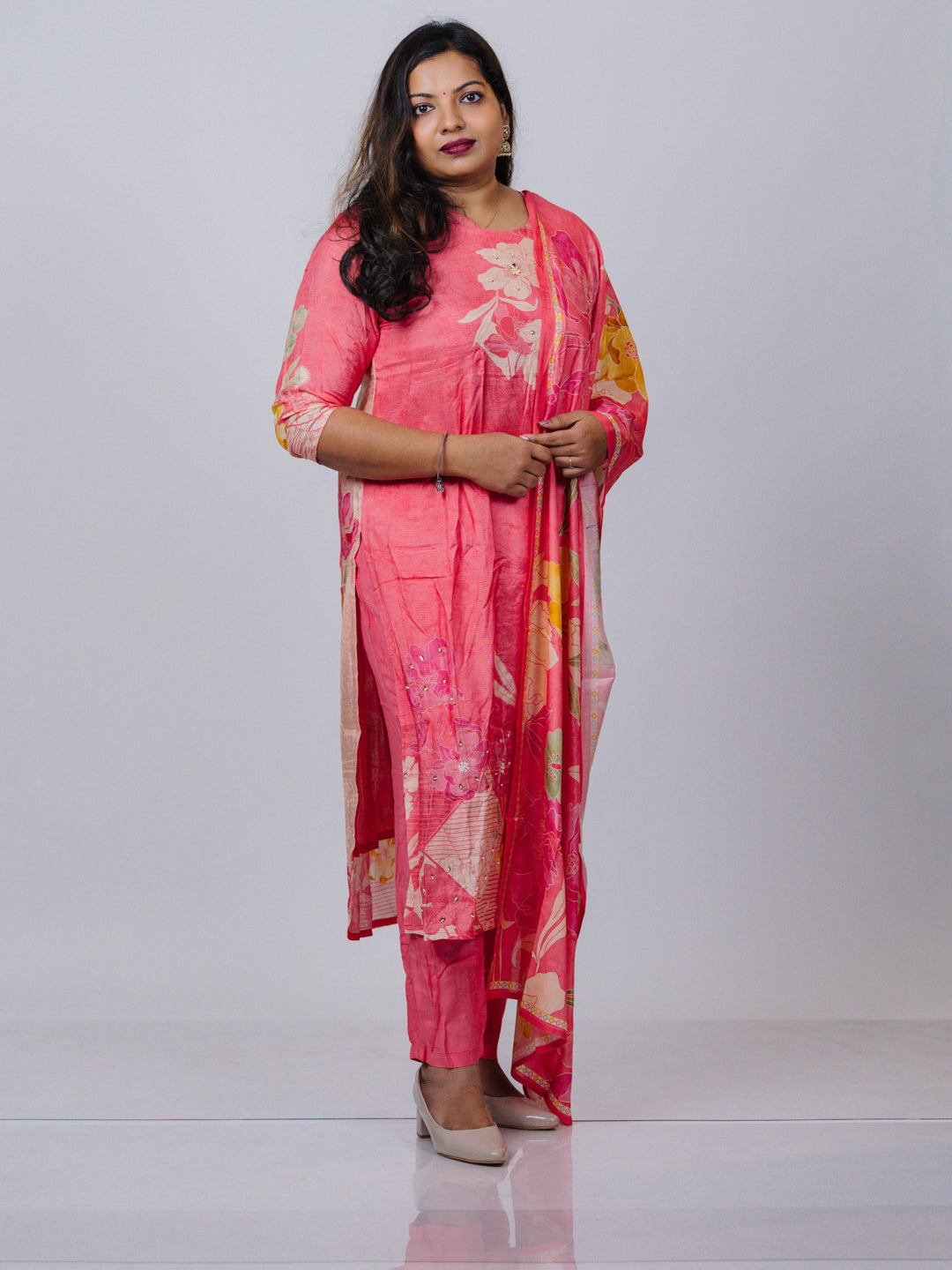 Coral Pink Muslin Floral Suit Set
