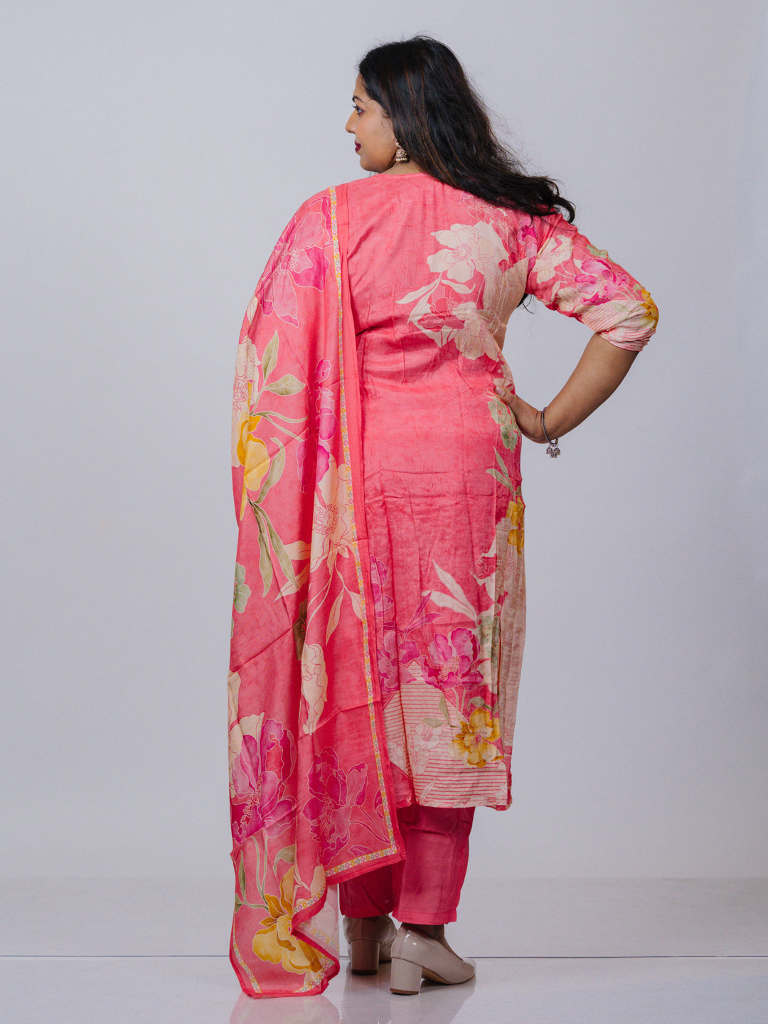 Coral Pink Muslin Floral Suit Set