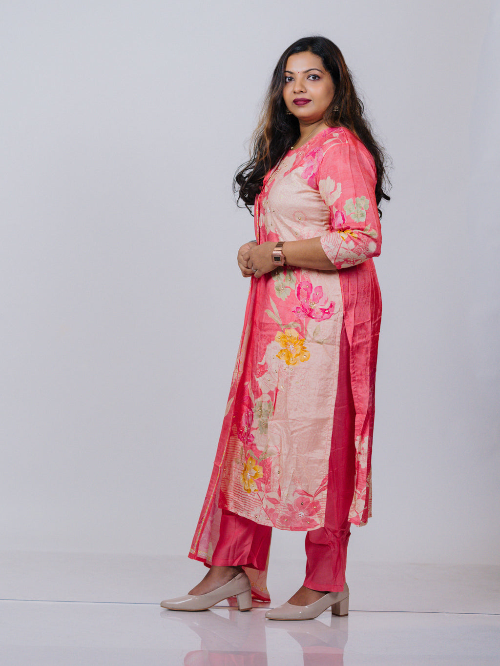 Coral Pink Muslin Floral Suit Set