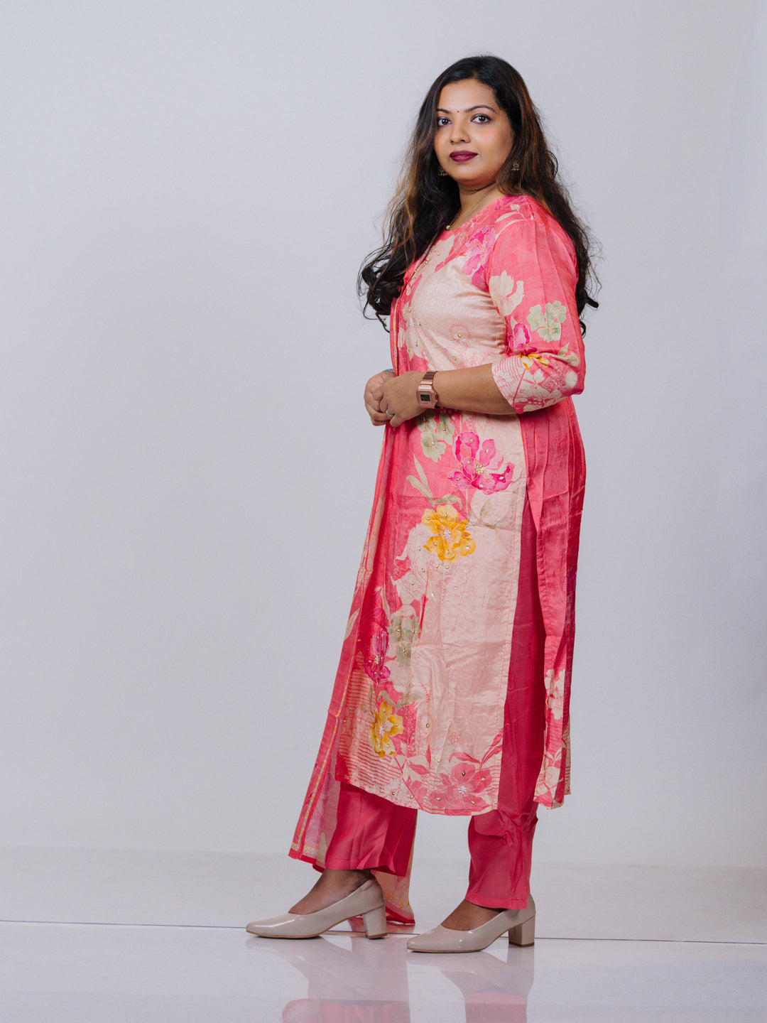 Coral Pink Muslin Floral Suit Set
