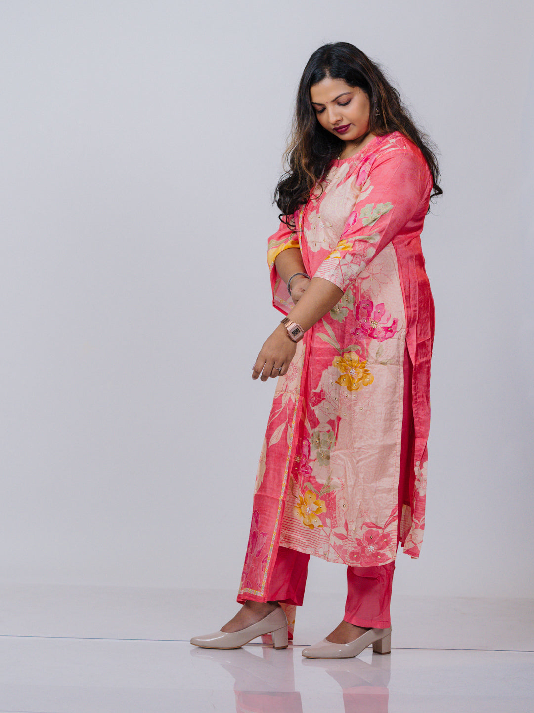 Coral Pink Muslin Floral Suit Set