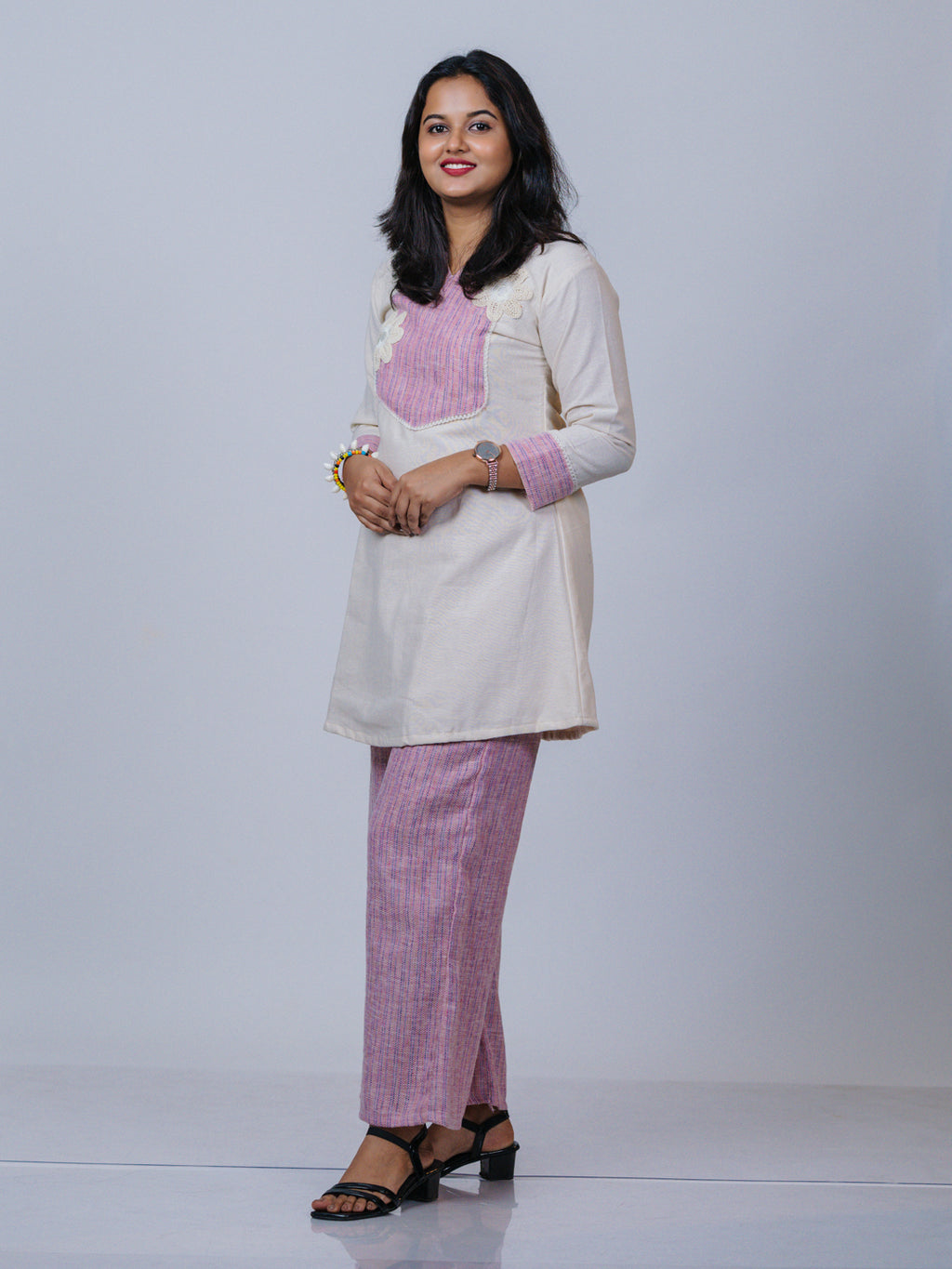 Off-White & Pink Khadi Cotton Co-ord Set