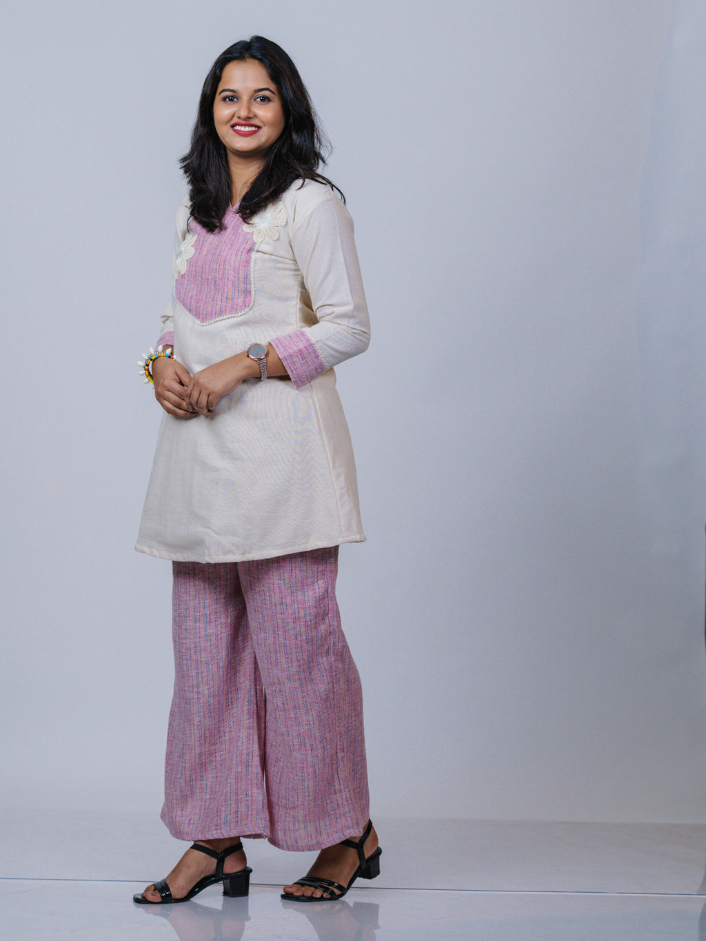 Off-White & Pink Khadi Cotton Co-ord Set