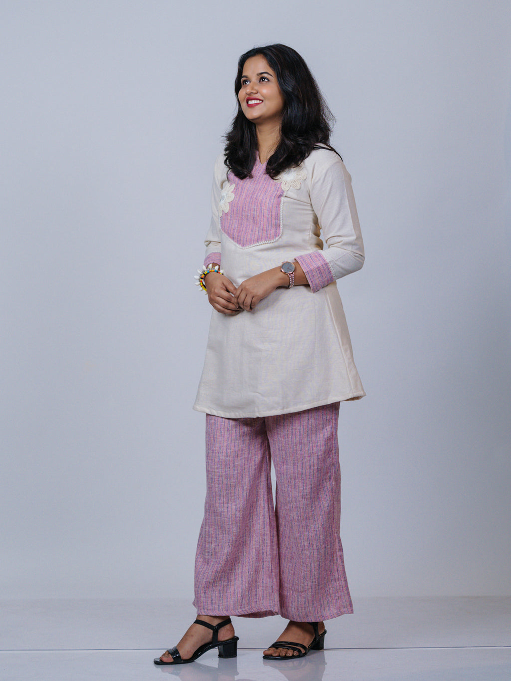 Off-White & Pink Khadi Cotton Co-ord Set