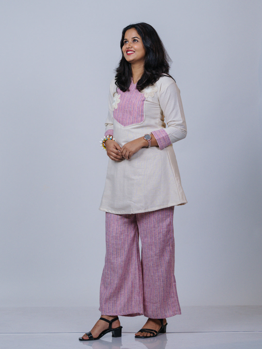 Off-White & Pink Khadi Cotton Co-ord Set